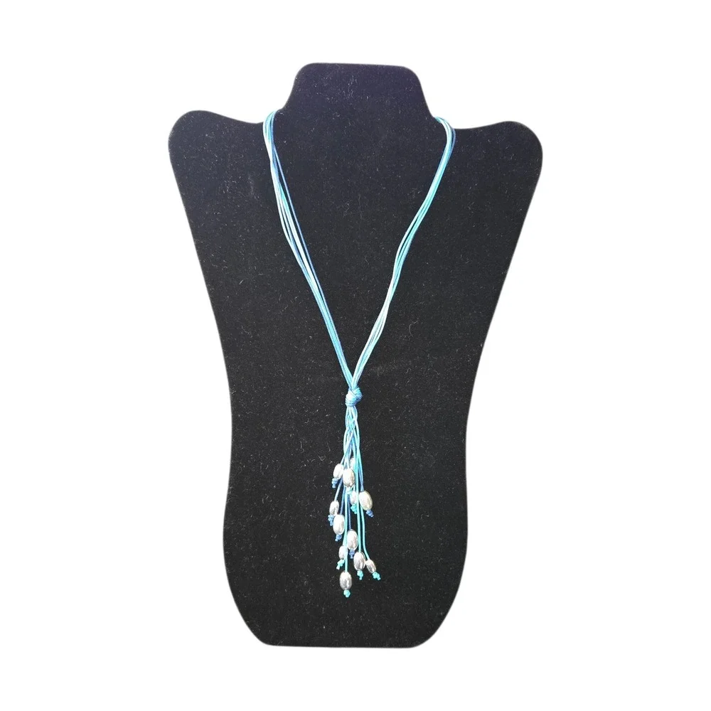Milor Italy Sterling Silver 925 12 Strand Blue Cord‎ Beaded Tassel Necklace 16